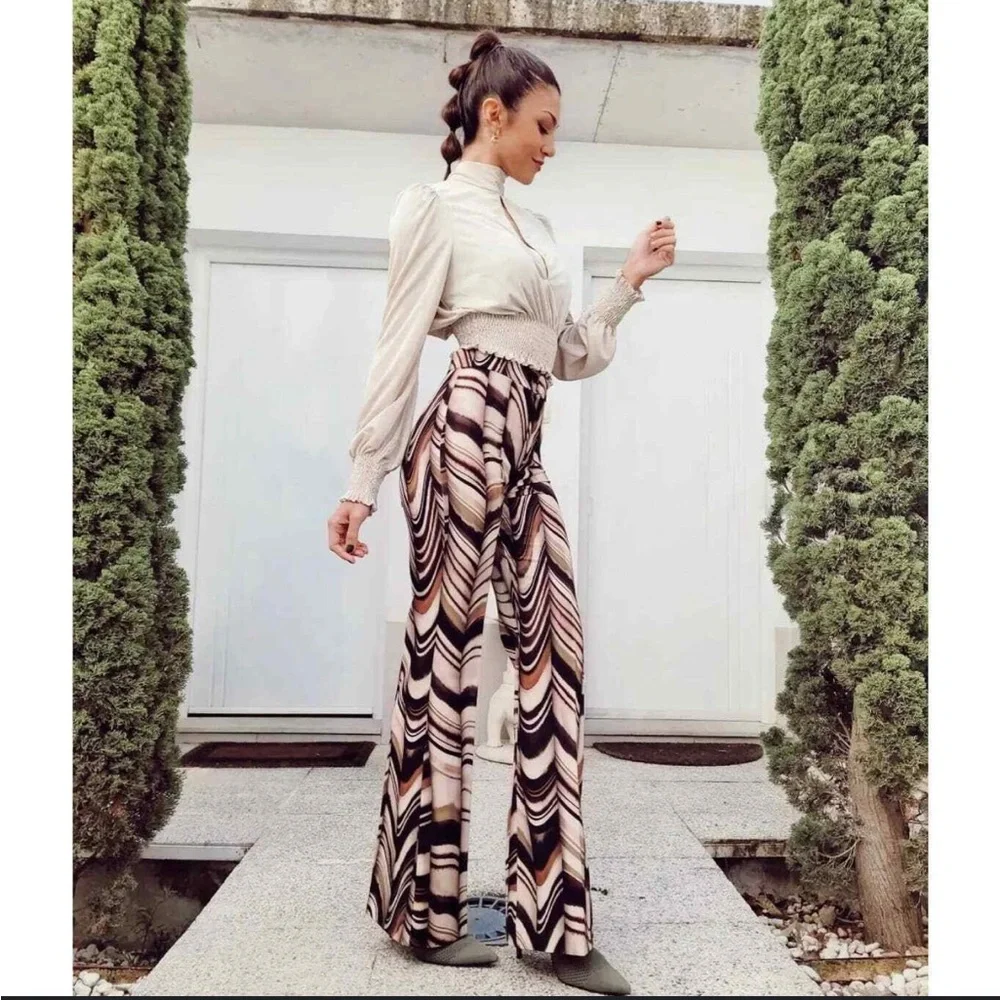 Zara Swirl-Print Wide-Leg Jumpsuit in Black, Cream & Tan - Picture 5 of 11